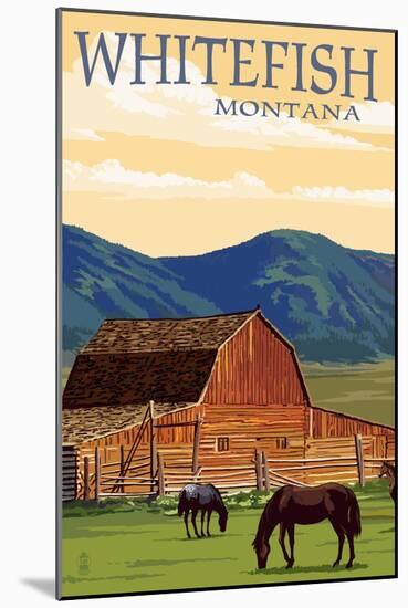 Whitefish, Montana - Red Barn and Horses-Lantern Press-Mounted Art Print