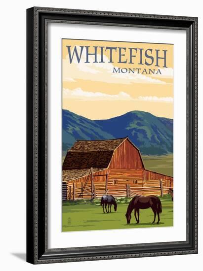 Whitefish, Montana - Red Barn and Horses-Lantern Press-Framed Art Print