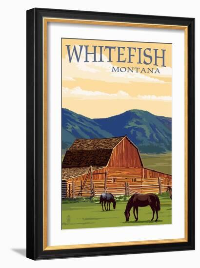 Whitefish, Montana - Red Barn and Horses-Lantern Press-Framed Art Print