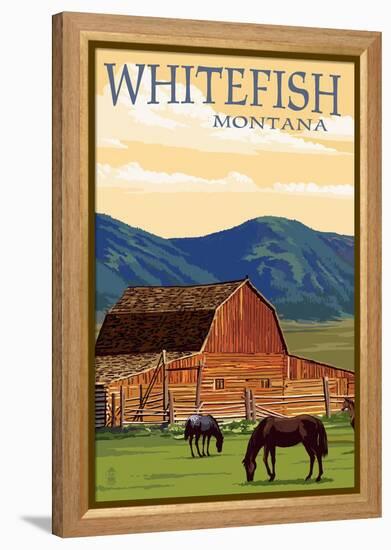 Whitefish, Montana - Red Barn and Horses-Lantern Press-Framed Stretched Canvas