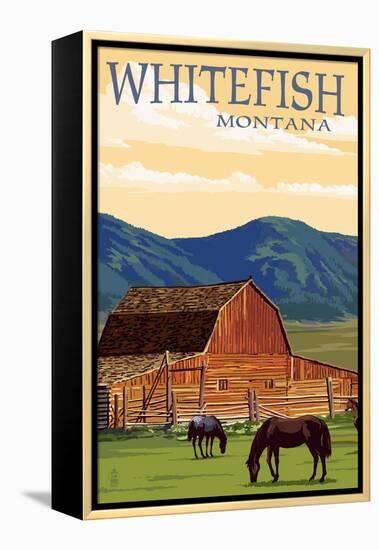 Whitefish, Montana - Red Barn and Horses-Lantern Press-Framed Stretched Canvas