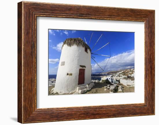 Whitewashed windmill, view of Mykonos Town (Chora) and cruise ships in distance, Mykonos, Cyclades,-Eleanor Scriven-Framed Photographic Print