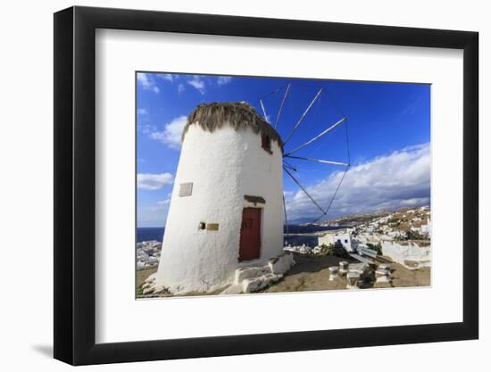 Whitewashed windmill, view of Mykonos Town (Chora) and cruise ships in distance, Mykonos, Cyclades,-Eleanor Scriven-Framed Photographic Print