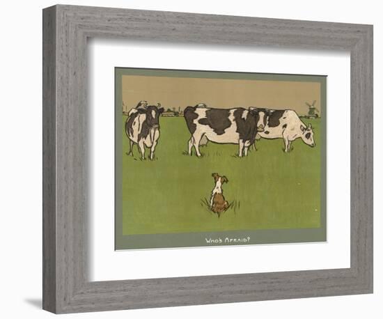 Who's Afraid, a Perky Little Dog Keeps an Eye on Three Cows-Cecil Aldin-Framed Photographic Print