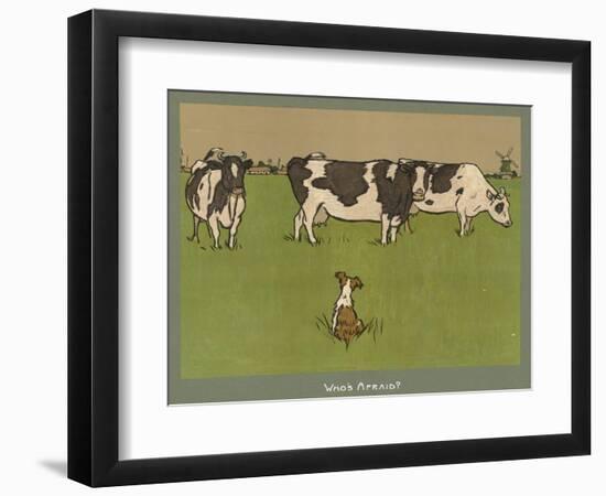 Who's Afraid, a Perky Little Dog Keeps an Eye on Three Cows-Cecil Aldin-Framed Photographic Print