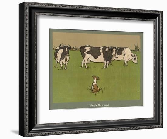 Who's Afraid, a Perky Little Dog Keeps an Eye on Three Cows-Cecil Aldin-Framed Photographic Print