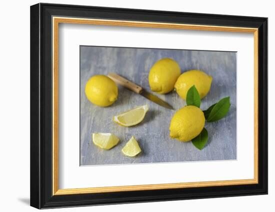 Whole and Sliced Lemons on Grey Subsoil-Jana Ihle-Framed Photographic Print