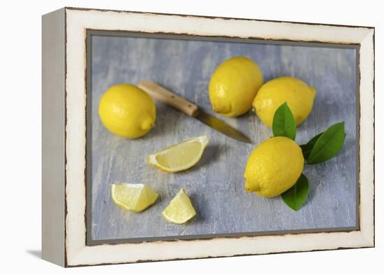 Whole and Sliced Lemons on Grey Subsoil-Jana Ihle-Framed Premier Image Canvas