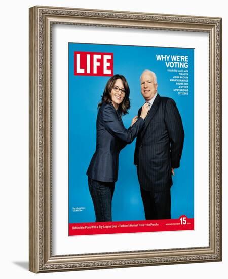 Why We're Voting, Tina Fey Straightening John McCain's Tie, October 15, 2004-Jake Chessum-Framed Photographic Print