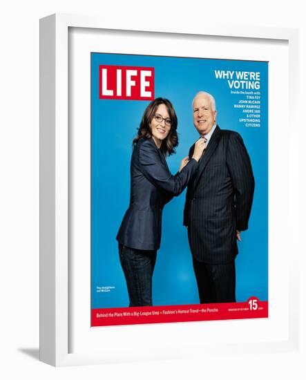 Why We're Voting, Tina Fey Straightening John McCain's Tie, October 15, 2004-Jake Chessum-Framed Photographic Print