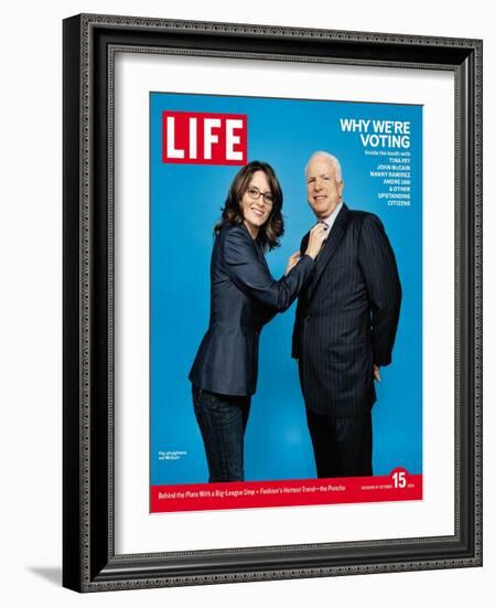 Why We're Voting, Tina Fey Straightening John McCain's Tie, October 15, 2004-Jake Chessum-Framed Photographic Print