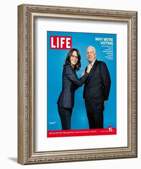 Why We're Voting, Tina Fey Straightening John McCain's Tie, October 15, 2004-Jake Chessum-Framed Photographic Print