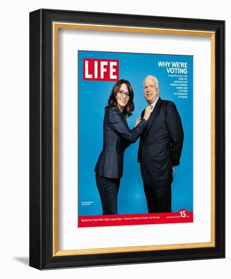 Why We're Voting, Tina Fey Straightening John McCain's Tie, October 15, 2004-Jake Chessum-Framed Photographic Print