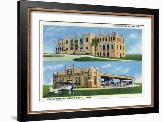 Wichita, Kansas - Administration Building and Planes-Lantern Press-Framed Art Print