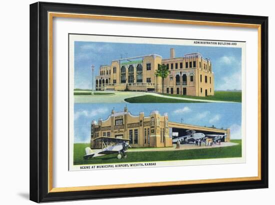 Wichita, Kansas - Administration Building and Planes-Lantern Press-Framed Art Print