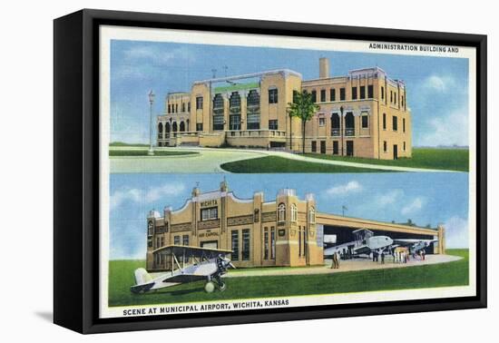 Wichita, Kansas - Administration Building and Planes-Lantern Press-Framed Stretched Canvas