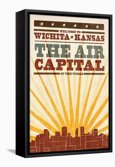 Wichita, Kansas- Skyline and Sunburst Screenprint Style-Lantern Press-Framed Stretched Canvas
