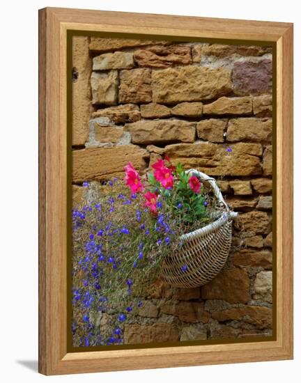 Wicker Basket of Flowers on Limestone Building, Burgundy, France-Lisa S. Engelbrecht-Framed Premier Image Canvas