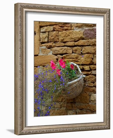 Wicker Basket of Flowers on Limestone Building, Burgundy, France-Lisa S. Engelbrecht-Framed Photographic Print