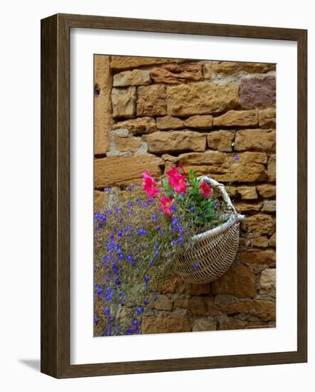 Wicker Basket of Flowers on Limestone Building, Burgundy, France-Lisa S. Engelbrecht-Framed Photographic Print