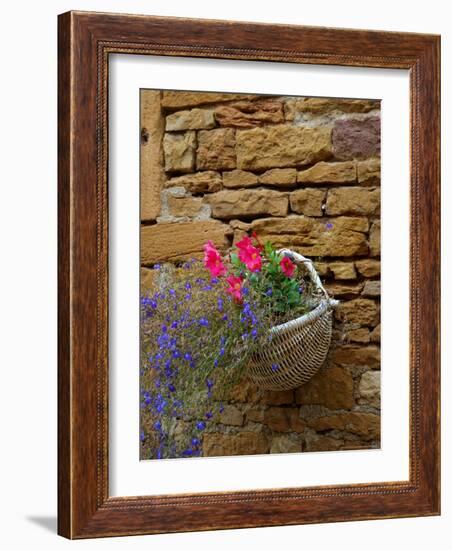 Wicker Basket of Flowers on Limestone Building, Burgundy, France-Lisa S. Engelbrecht-Framed Photographic Print