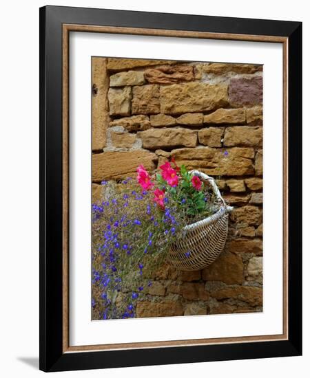 Wicker Basket of Flowers on Limestone Building, Burgundy, France-Lisa S. Engelbrecht-Framed Photographic Print