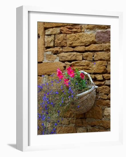 Wicker Basket of Flowers on Limestone Building, Burgundy, France-Lisa S. Engelbrecht-Framed Photographic Print