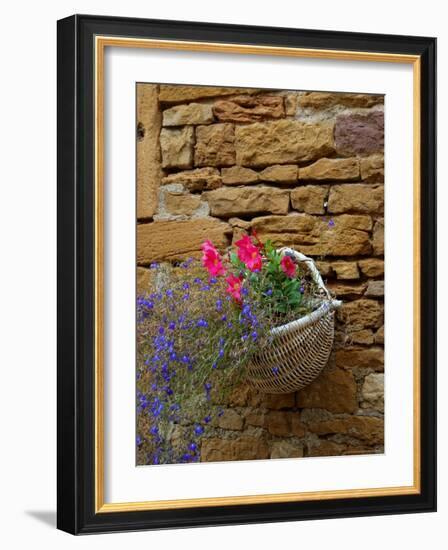 Wicker Basket of Flowers on Limestone Building, Burgundy, France-Lisa S. Engelbrecht-Framed Photographic Print