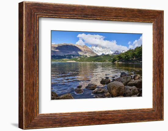 Wide angle shot of Capri Lagoon featuring Monte Fitz Roy in the background and rocks in the foregro-Fernando Carniel Machado-Framed Photographic Print