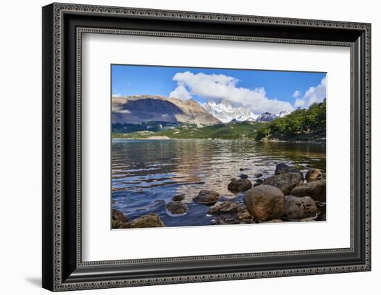 Wide angle shot of Capri Lagoon featuring Monte Fitz Roy in the background and rocks in the foregro-Fernando Carniel Machado-Framed Photographic Print