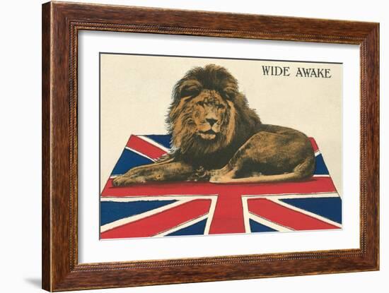 Wide Awake British Lion on Union Jack-null-Framed Art Print