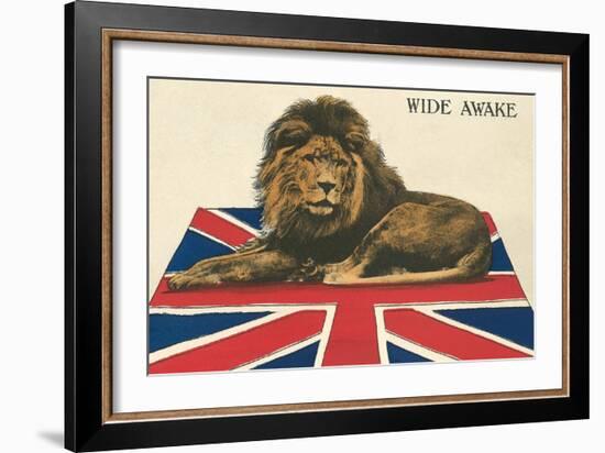 Wide Awake British Lion on Union Jack-null-Framed Art Print