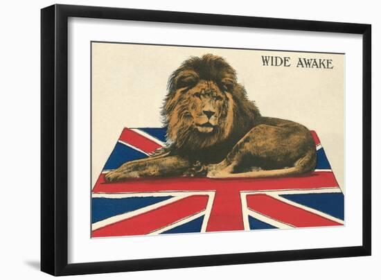 Wide Awake British Lion on Union Jack-null-Framed Art Print