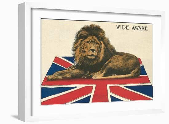 Wide Awake British Lion on Union Jack-null-Framed Art Print