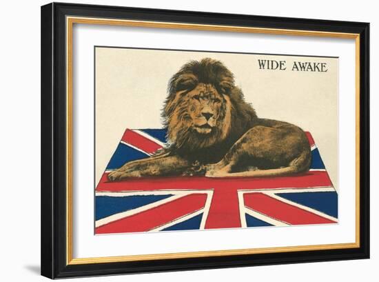 Wide Awake British Lion on Union Jack-null-Framed Art Print
