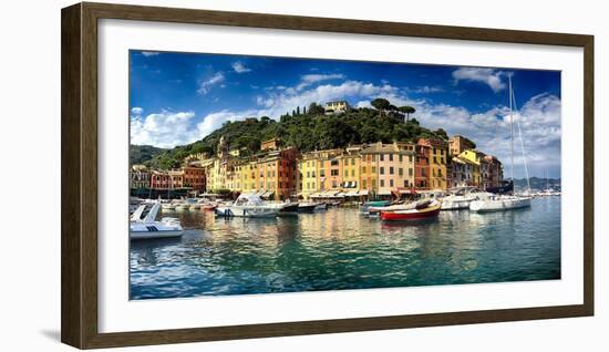 Wide View of Portofino Harbor, Liguria, Italy-George Oze-Framed Photographic Print