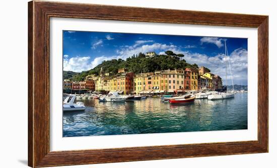 Wide View of Portofino Harbor, Liguria, Italy-George Oze-Framed Photographic Print