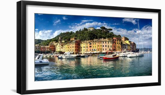 Wide View of Portofino Harbor, Liguria, Italy-George Oze-Framed Photographic Print