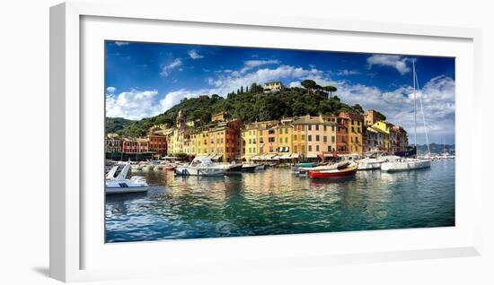Wide View of Portofino Harbor, Liguria, Italy-George Oze-Framed Photographic Print