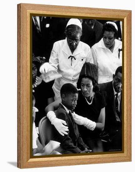 Widow of Slain Civil Rights Activist Medger Evers Comfort Her Grieving Son Darrell During Funeral-John Loengard-Framed Premier Image Canvas