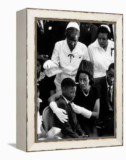 Widow of Slain Civil Rights Activist Medger Evers Comfort Her Grieving Son Darrell During Funeral-John Loengard-Framed Premier Image Canvas