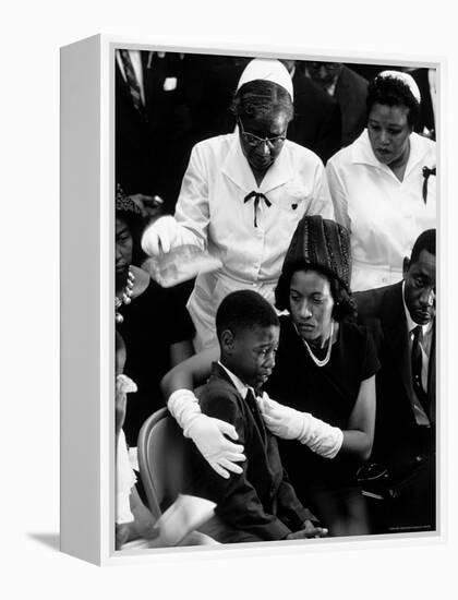 Widow of Slain Civil Rights Activist Medger Evers Comfort Her Grieving Son Darrell During Funeral-John Loengard-Framed Premier Image Canvas