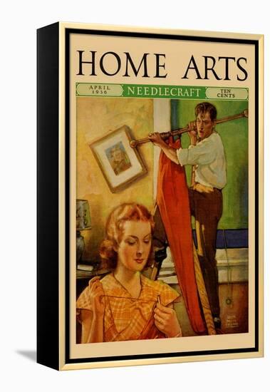 Wife Sews While a Man Hangs a Picture-null-Framed Stretched Canvas