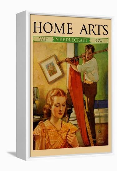 Wife Sews While a Man Hangs a Picture-null-Framed Stretched Canvas