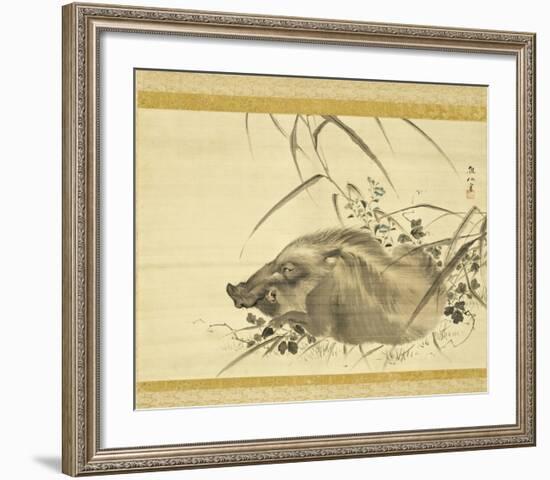 Wild Boar amidst Autumn Flowers and Grasses-Mori Sosen-Framed Art Print