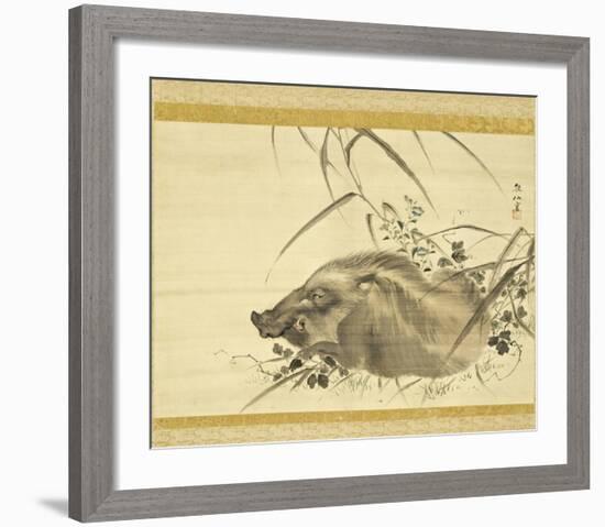 Wild Boar amidst Autumn Flowers and Grasses-Mori Sosen-Framed Art Print