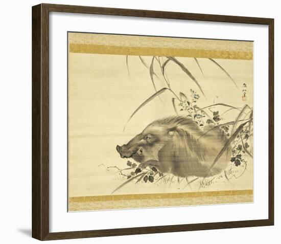 Wild Boar amidst Autumn Flowers and Grasses-Mori Sosen-Framed Art Print