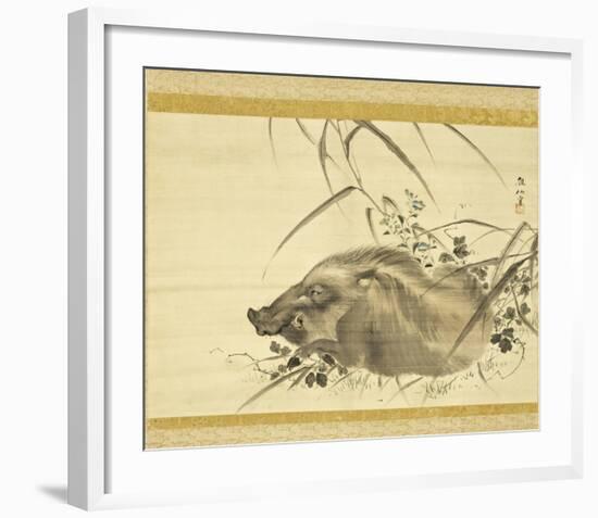 Wild Boar amidst Autumn Flowers and Grasses-Mori Sosen-Framed Art Print