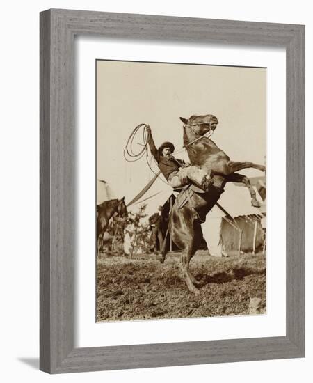 Wild West Show Performer Holds Aloft A Coiled Rope As His Horse Rears Up On His Hind Feet.-null-Framed Art Print