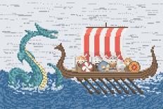 Vikings Battle with the Sea Dragon, Illustration in Pixel Art Style-wild wind-Art Print